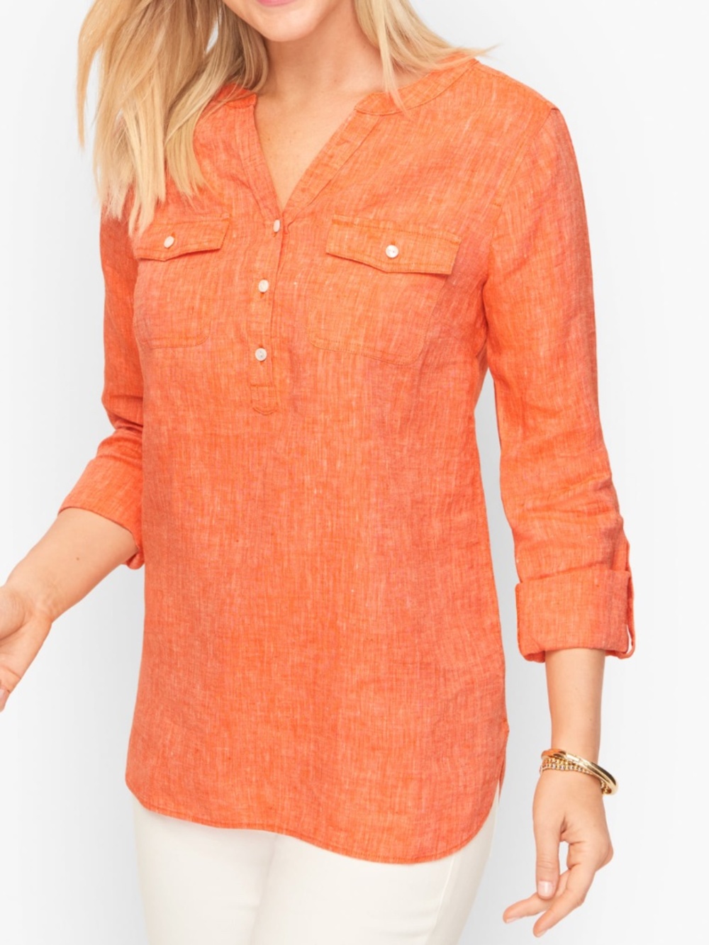 Talbots Linen Band Collar Popover Cross Dye Orange XL